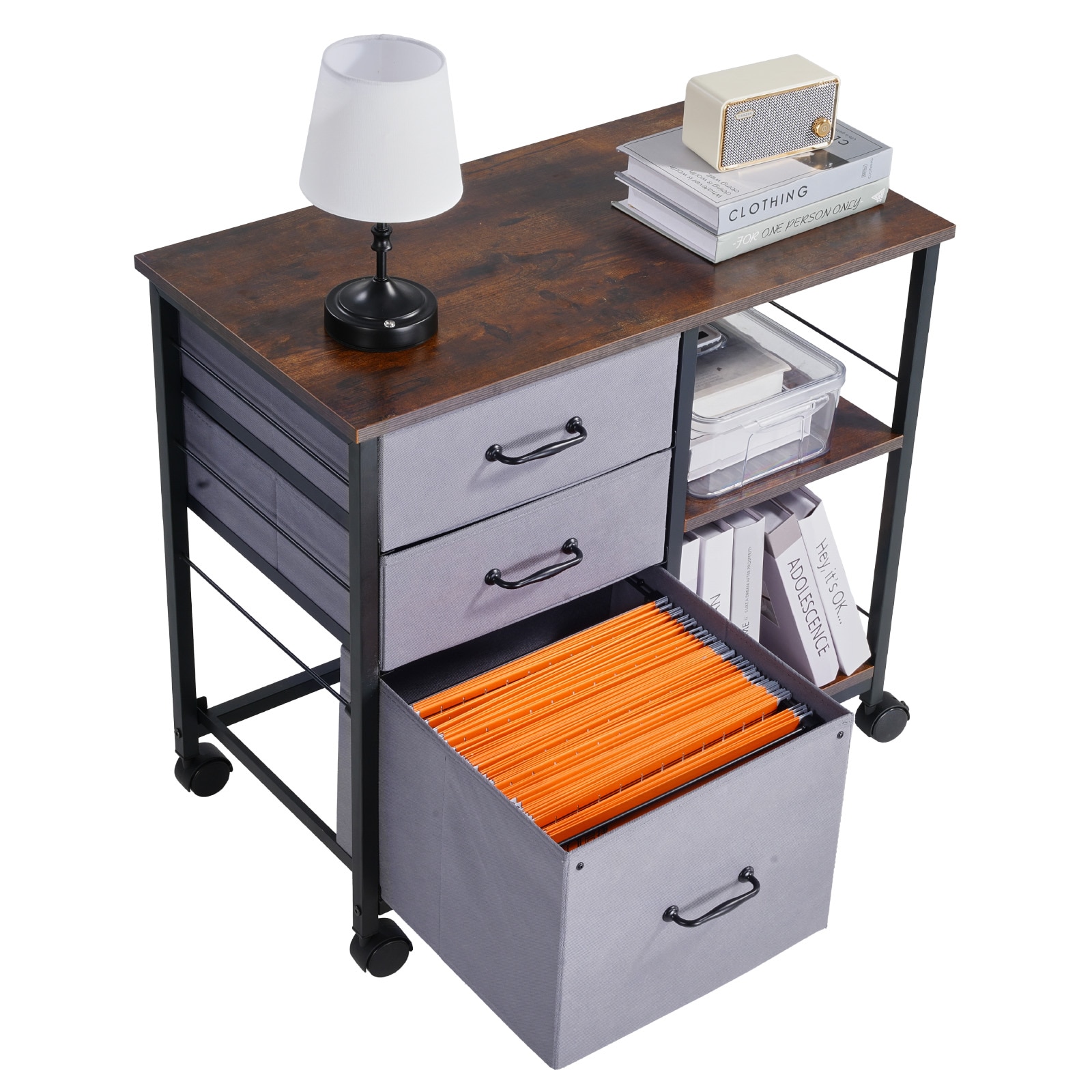 Mobile Metal File Cabinet With 3 Fabric Drawers And 2 Open Shelves Brown_maomaolike.com
